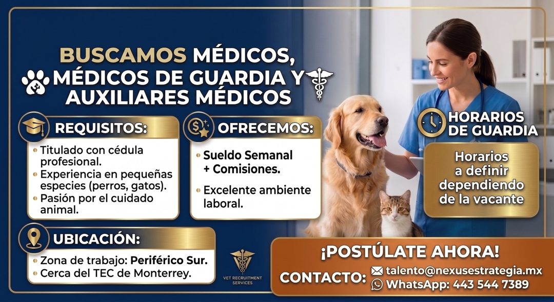 Banner del anuncio de la vacante: BUSCAMOS MÉDICOS, · MÉDICOS DE GUARDIA Y · AUXILIARES MÉDICOS · REQUISITOS: · • Titulado con cédula · profesional. · • Experiencia en pequeñ