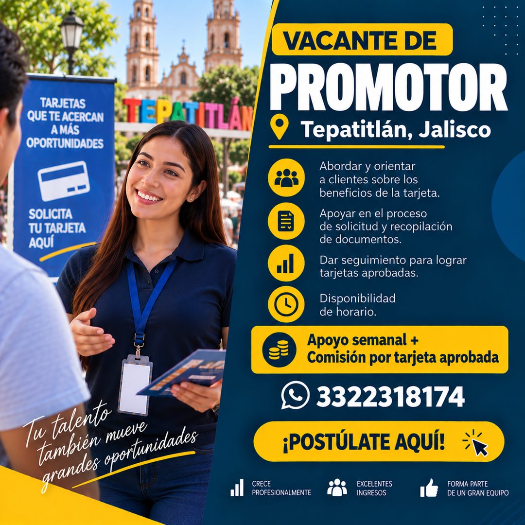 Banner del anuncio de la vacante: TARJETAS · QUE TE ACERCAN · A MÁS · OPORTUNIDADES · HEPAT · SOLICITA · TU TARJETA · AQUÍ · Tu talento · También mueve · grandes oportunidade