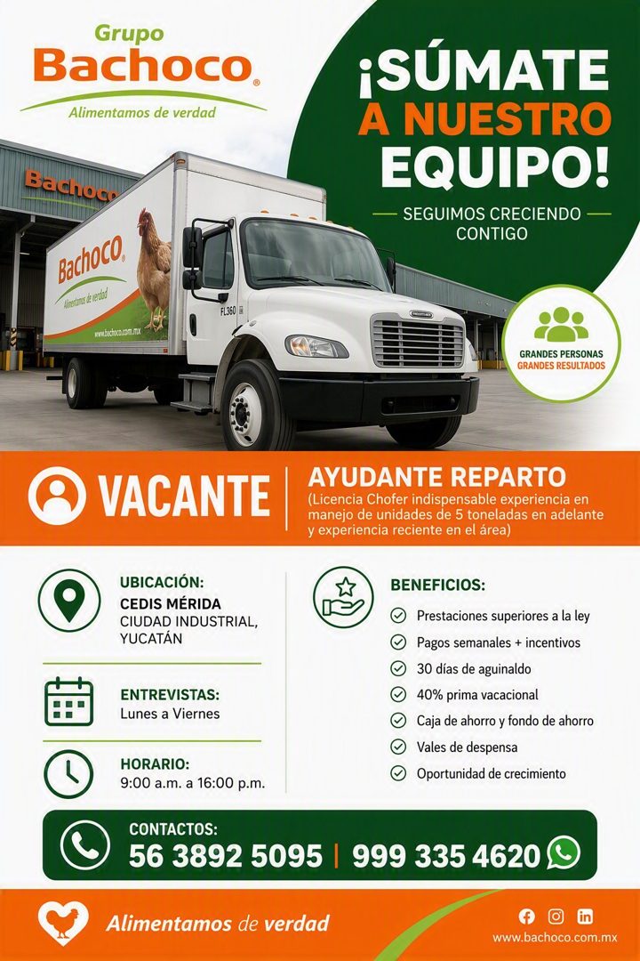 Banner del anuncio de la vacante: Grupo · Bachoco. · Alimentamos de verdad · Badrug · ¡SÚMATE · A NUESTRO · EQUIPO! · — SEGUIMOS CRECIENDO — · CONTIGO · Alentinos de verdad ·
