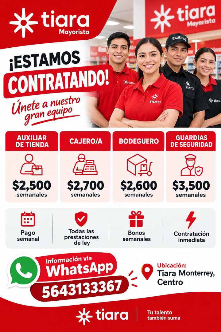 Banner del anuncio de la vacante: tiara · Mayorista · ¡ESTAMOS · CONTRATANDO! · Únete a nuestro · gran equipo · AUXILIAR · DE TIENDA · CAJERO/A · tiara · Mayorista · SEGURIDA