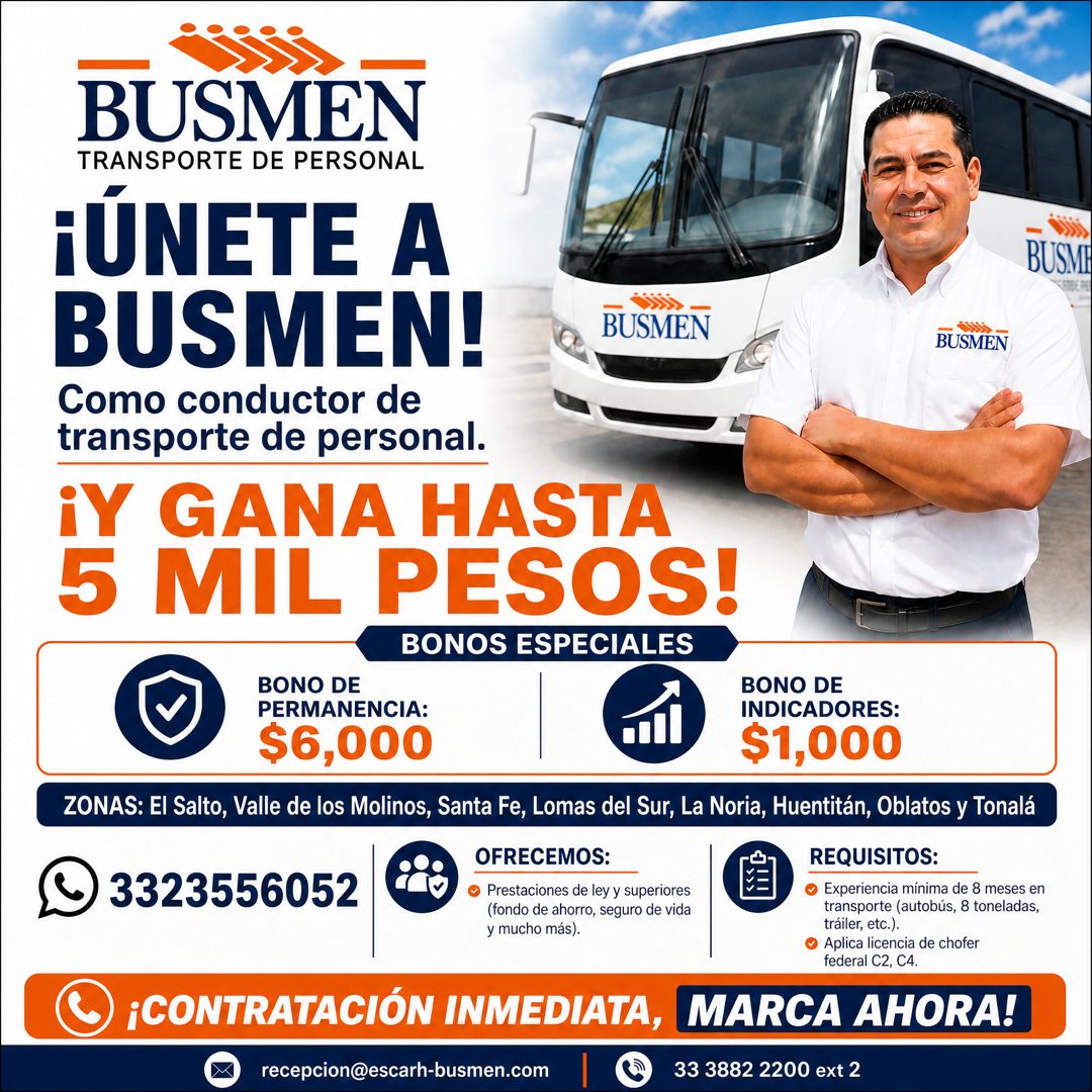 Banner del anuncio de la vacante: BUSMEN · TRANSPORTE DE PERSONAL · ¡ÚNETE A · BUSMEN! · BUSMEN · Como conductor de · transporte de personal. · ¡Y GANA HASTA · 5 MIL PESOS! ·