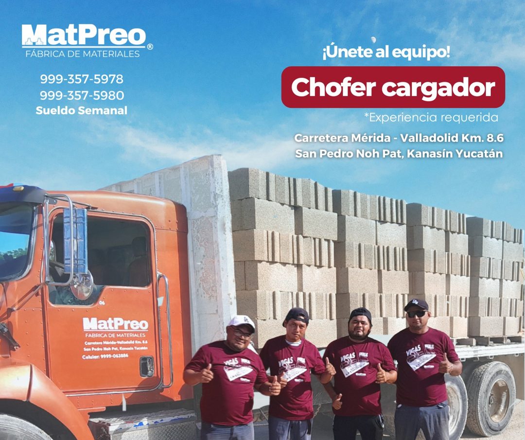 Banner del anuncio de la vacante: MatPreo® · FÁBRICA DE MATERIALES · 999-357-5978 · 999-357-5980 · Sueldo Semanal · MatPreo · FABRICA DE MATERIALES · Carretera Mérida-Vallodo