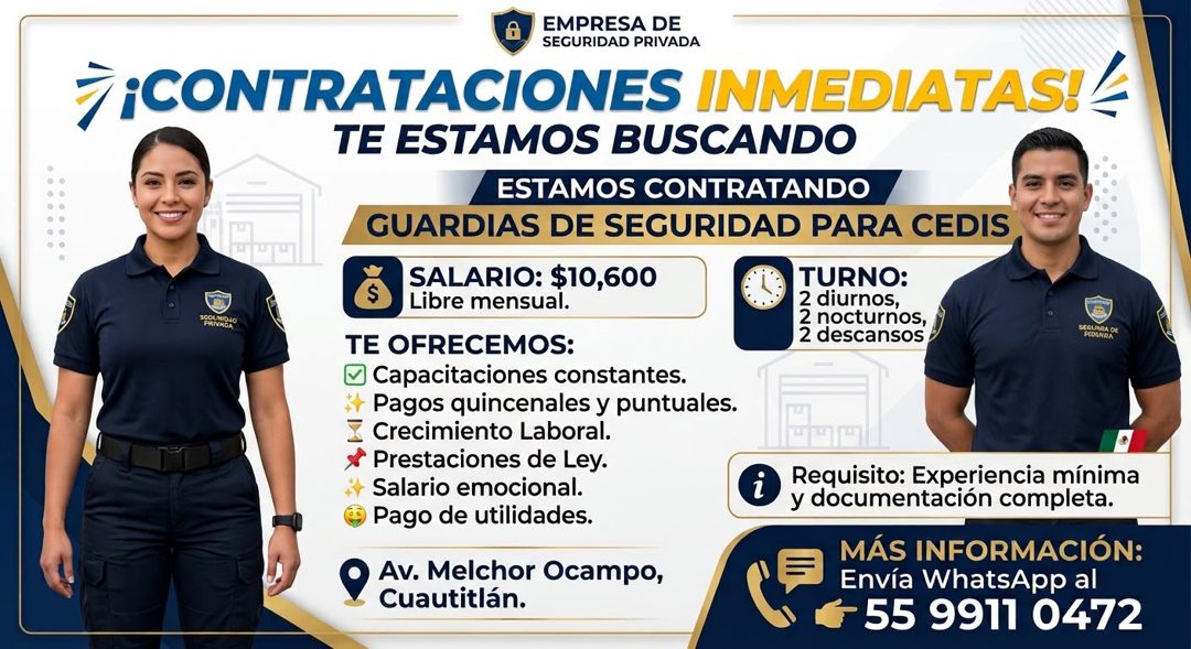 Banner del anuncio de la vacante: EMPRESA DE · SEGURIDAD PRIVADA · 7¡ CONTRATACIONES INMEDIATAS! ≤ · TE ESTAMOS BUSCANDO · ESTAMOS CONTRATANDO · GUARDIAS DE SEGURIDAD PARA CE