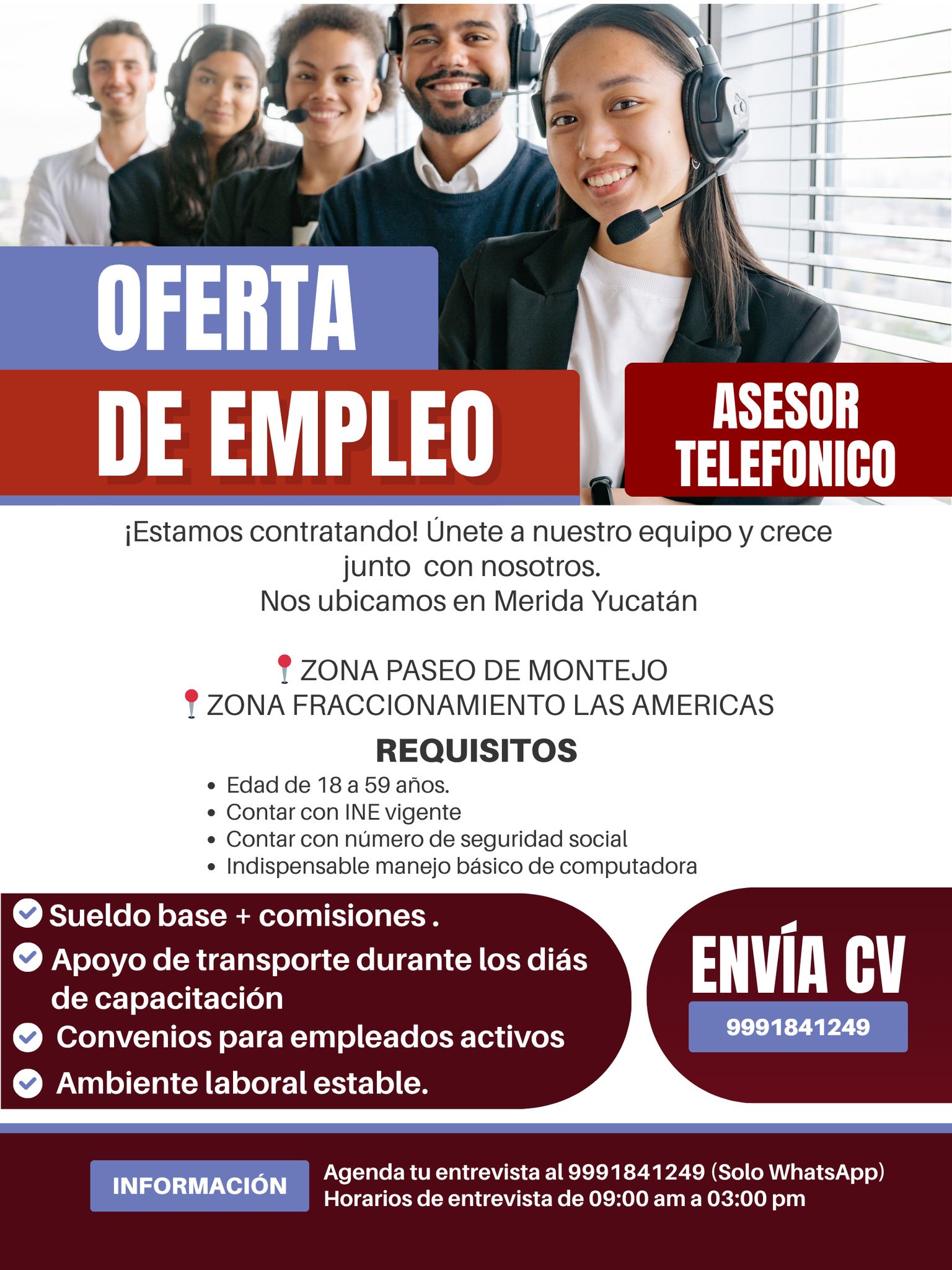 Banner del anuncio de la vacante: OFERTA · DE EMPLEO · ASESOR · TELEFONICO · ¡Estamos contratando! Únete a nuestro equipo y crece · junto con nosotros. · Nos ubicamos en Meri