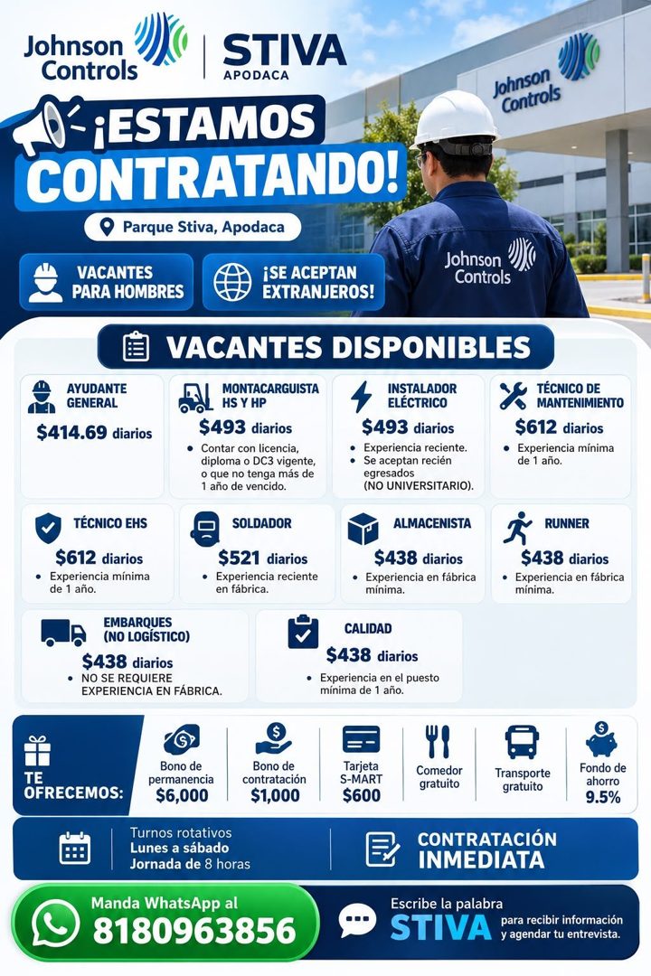 Banner del anuncio de la vacante: Johnson · Controls · STIVA · APODACA · Johnson · Controls · ¡ESTAMOS · CONTRATANDO! · Parque Stiva, Apodaca · VACANTES · PARA HOMBRES · ¡SE 