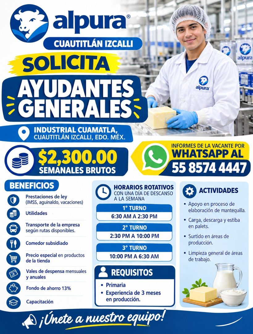 Banner del anuncio de la vacante: alpura® · CUAUTITLÁN IZCALLI · SOLICITA · AYUDANTES · •GENERALES · INDUSTRIAL CUAMATLA, · CUAUTITLÁN IZCALLI, EDO. MÉX. · $2,300.00 · SEMANA