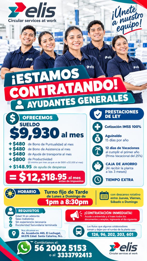 Banner del anuncio de la vacante: elis · Circular services at work · ¡Únete · a nuestro · equipo! · -elis · vells · ¡ESTAMOS · vels · CONTRATANDO! · , AYUDANTES GENERALES · -