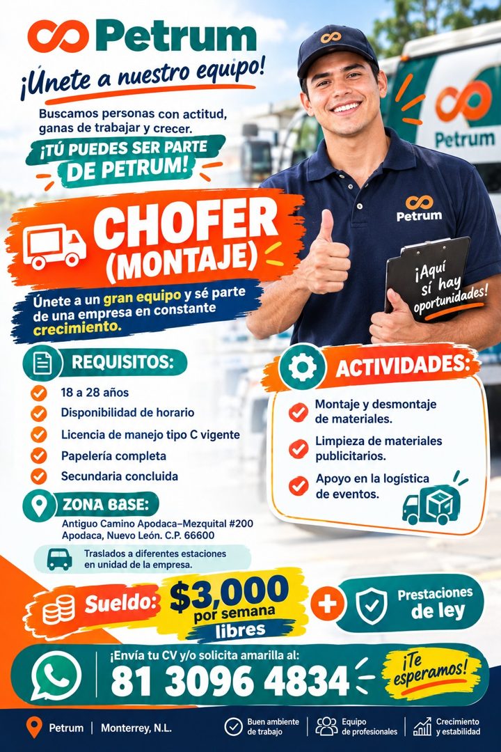 Banner del anuncio de la vacante: Co Petrum · ¡Unete a nuestro equipo! · Buscamos personas con actitud, · ganas de trabajar y crecer. · ¡TÚ PUEDES SER PARTE · DE PETRUM! · CH