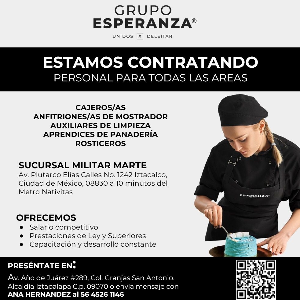 Banner del anuncio de la vacante: GRUPO · ESPERANZA® · UNIDOS · X DELEITAR · ESTAMOS CONTRATANDO · PERSONAL PARA TODAS LAS AREAS · CAJEROS/AS · ANFITRIONES/AS DE MOSTRADOR · 