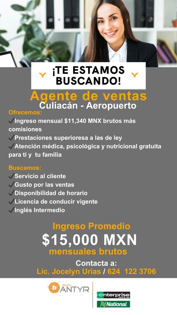 Banner del anuncio de la vacante: ¡TE ESTAMOS · BUSCANDO! · Agente de ventas · Culiacán - Aeropuerto · Ofrecemos: · Ingreso mensual $11,340 MNX brutos más · comisiones · Pres