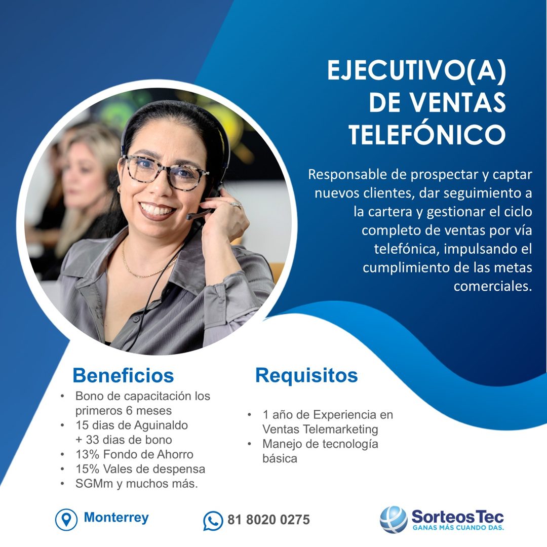 Banner del anuncio de la vacante: EJECUTIVO(A) · DE VENTAS · TELEFÓNICO · Responsable de prospectar y captar · nuevos clientes, dar seguimiento a · la cartera y gestionar el 