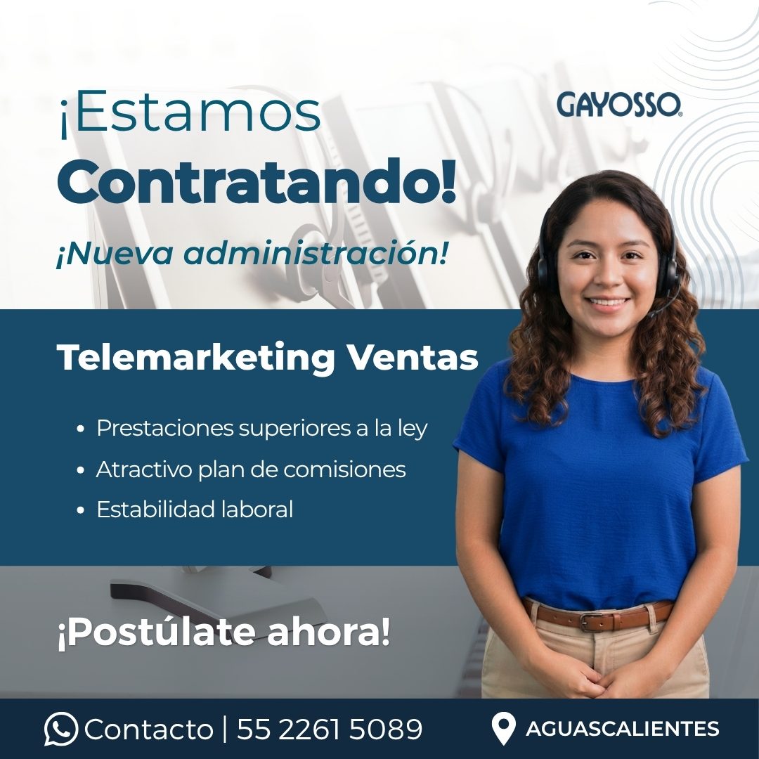Banner del anuncio de la vacante: ¡Estamos · Contratando! · ¡Nueva administración! · Telemarketing Ventas · • Prestaciones superiores a la ley · • Atractivo plan de comisione