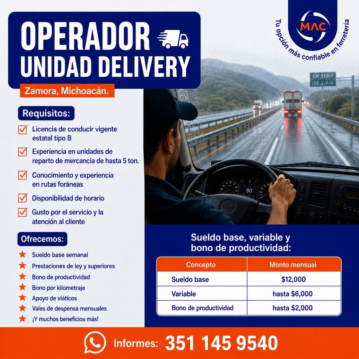 Banner del anuncio de la vacante: OPERADOR · UNIDAD DELIVERY · Zamora, Michoacán. · Requisitos: · Licencia de conducir vigente · estatal tipo B · V · Experiencia en unidades 