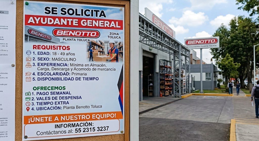 Banner del anuncio de la vacante: ICA · onecta su · en nolo · xico. · • stulo de · > Utoon y · Produce · alienstes · sicto y de · SE SOLICITA · AYUDANTE GENERAL · BENDITO · B