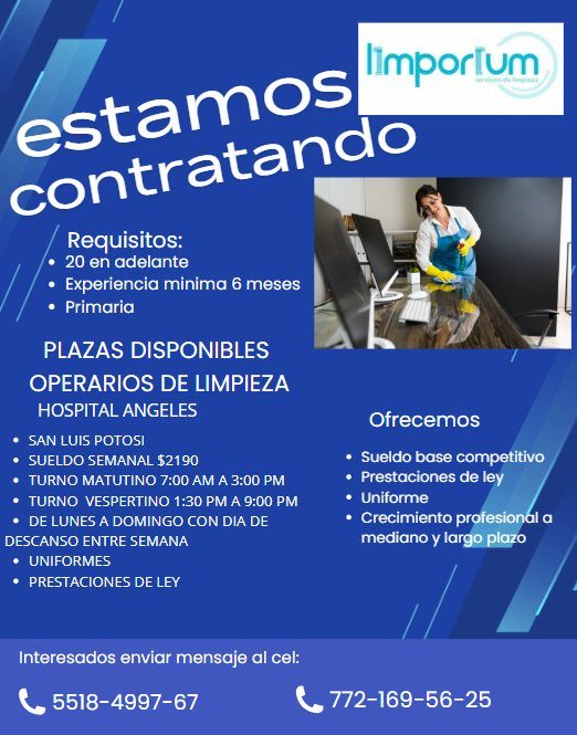 Banner del anuncio de la vacante: estamos · limporium · contratando · Requisitos: · • 20 en adelante · • Experiencia minima 6 meses · • Primaria · PLAZAS DISPONIBLES · OPERAR