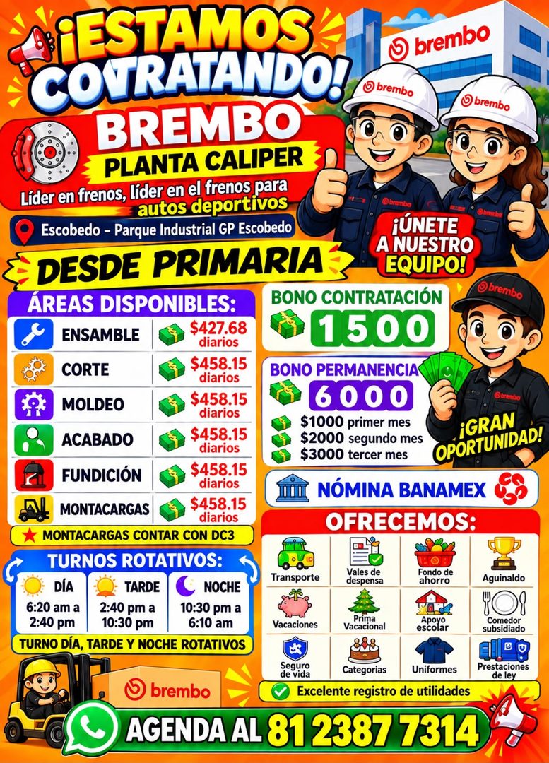Banner del anuncio de la vacante: "¡ESTAMOS · brembo · COURATANDO! · o brembo · BREMBO · O brembo · PLANTA CALIPER · Líder en frenos, líder en el frenos para · autos deportiv