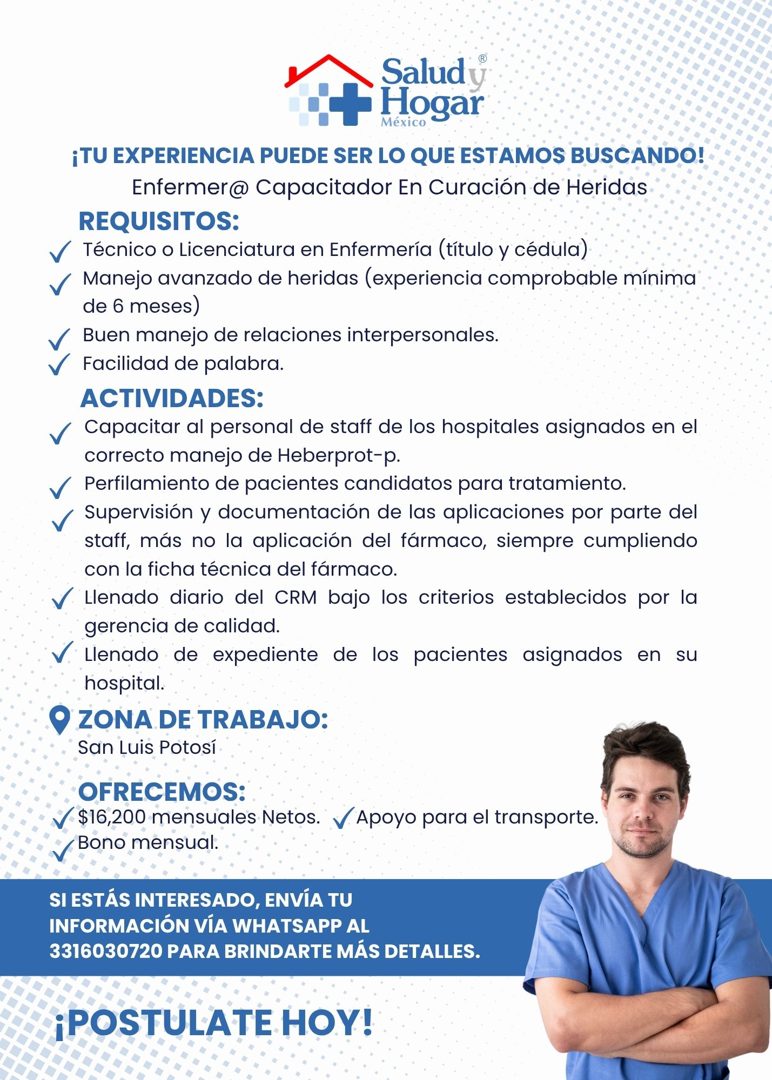 Banner del anuncio de la vacante: Salud · •+ Hogar · México · ¡TU EXPERIENCIA PUEDE SER LO QUE ESTAMOS BUSCANDO! · Enfermer@ Capacitador En Curación de Heridas · REQUISITOS: 