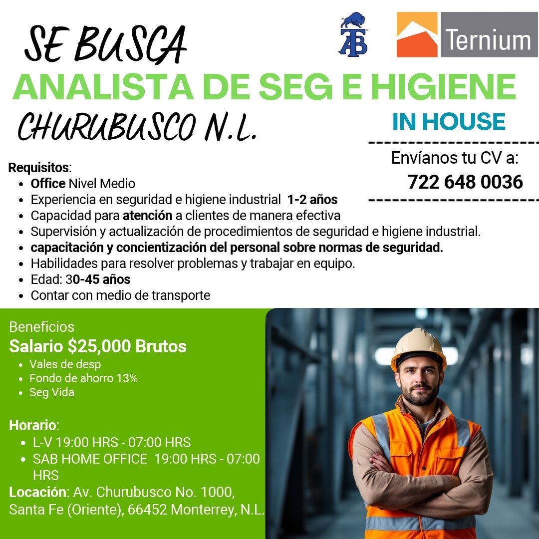 Banner del anuncio de la vacante: SE BUSCA · Ternium · ANALISTA DE SEG E HIGIENE · CHURUBUSCO N.L. · IN HOUSE · Requisitos: · • Office Nivel Medio · • Experiencia en segurida