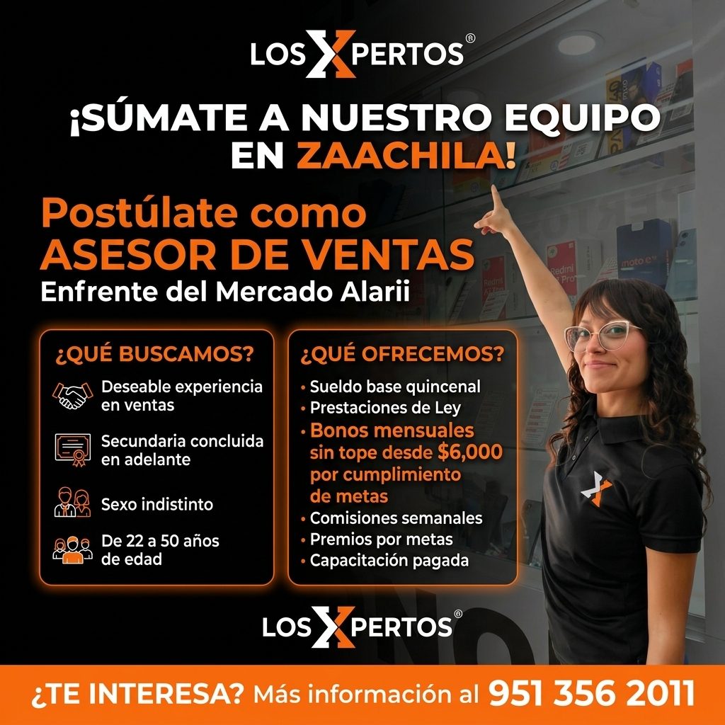 Banner del anuncio de la vacante: LOS X PERTOS® · ¡SÚMATE A NUESTRO EQUIPO · EN ZAACHILA! · Postúlate como · ASESOR DE VENTAS · moto e · Redmi · PrO · Enfrente del Mercado Al