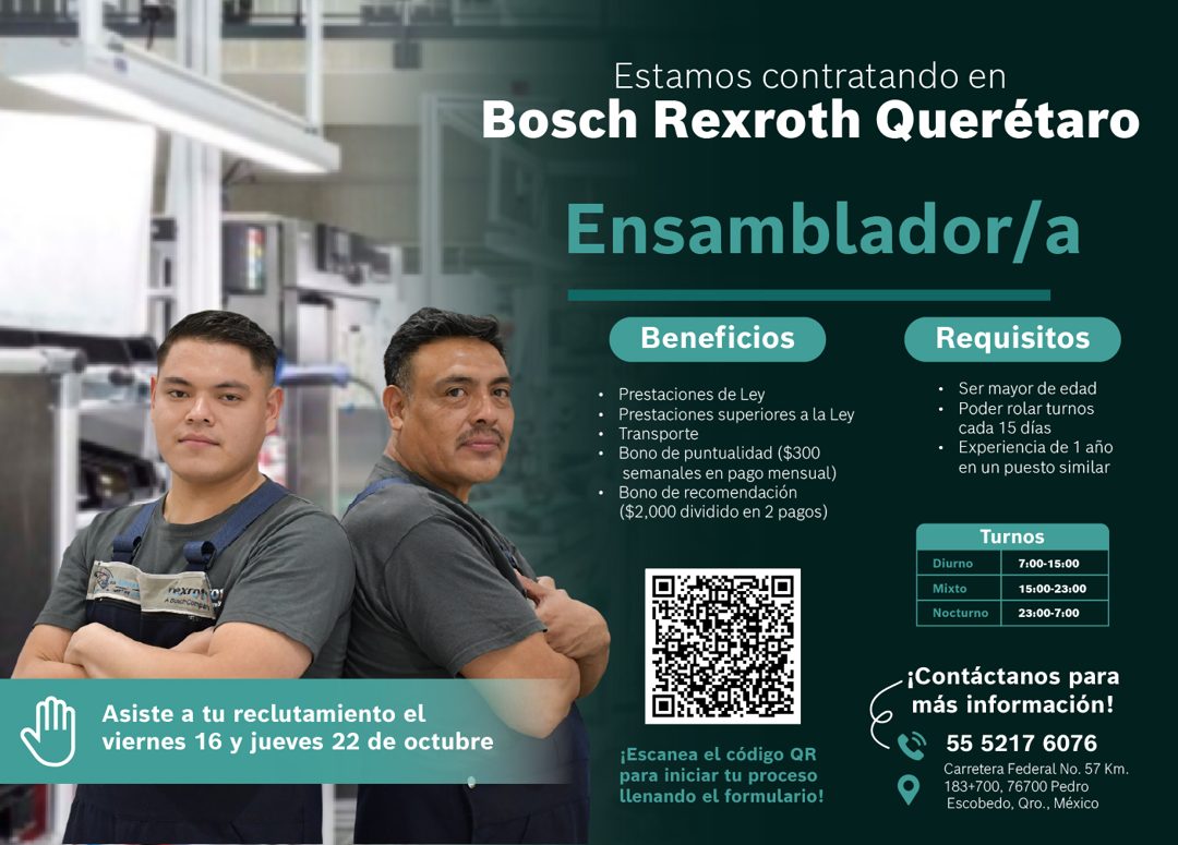 Banner del anuncio de la vacante: Estamos contratando en · Bosch Rexroth Querétaro · Ensamblador/a · Beneficios · • Prestaciones de Ley · Prestaciones superiores a la Ley · •