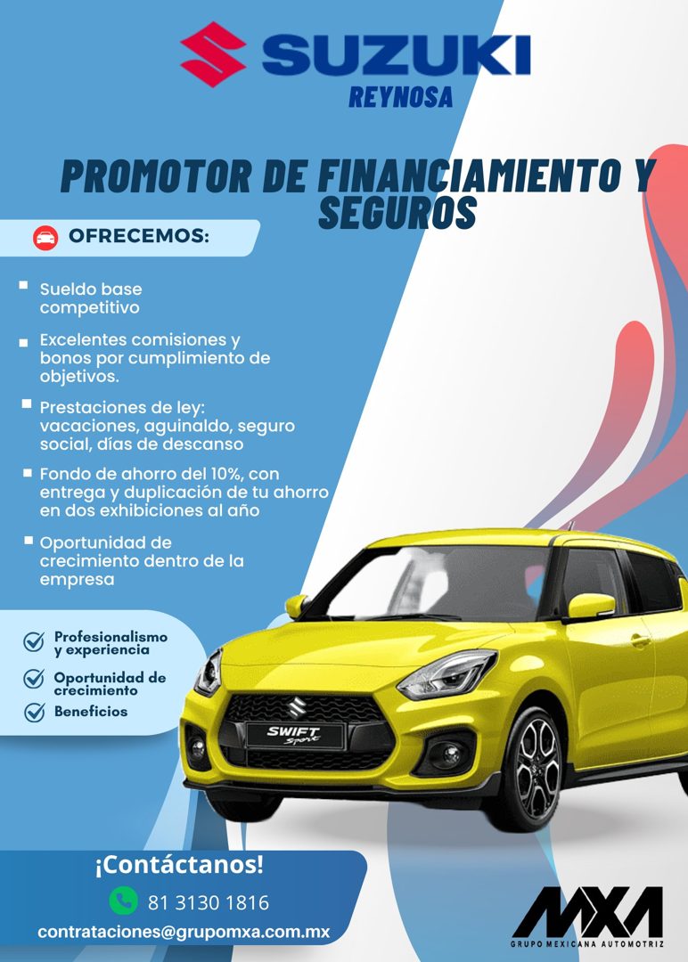 Banner del anuncio de la vacante: SUZUKI · REYNOSA · PROMOTOR DE FINANCIAMIENTO Y · SEGUROS · OFRECEMOS: · • Sueldo base · competitivo · Excelentes comisiones y · bonos por c