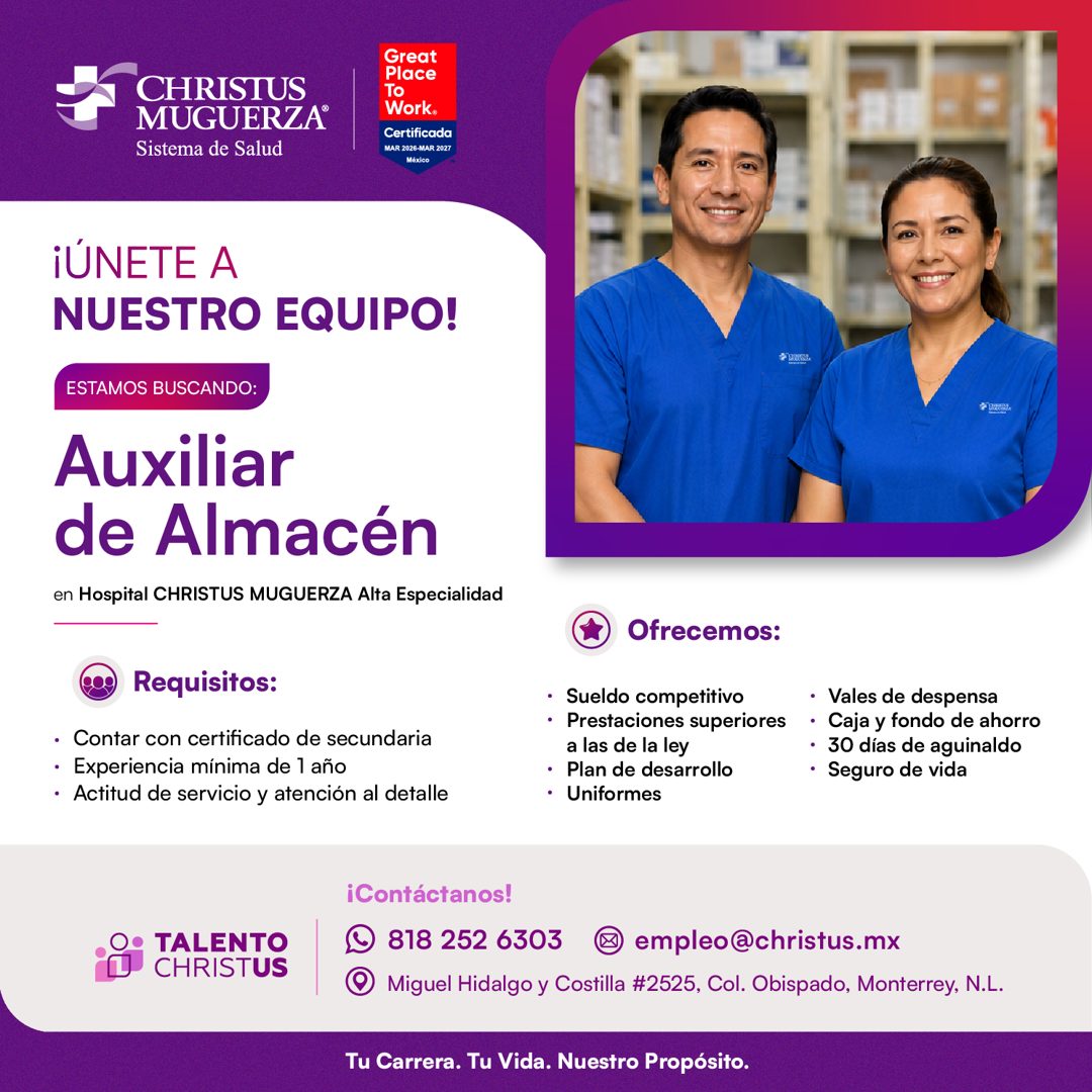 Banner del anuncio de la vacante: CHRISTUS · MUGUERZA® · Sistema de Salud · Great · Place · TO · Work® · Certificada · MAR 2026-MAR 2027 · México · ¡ÚNETE A · NUESTRO EQUIPO!