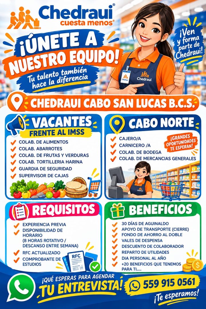 Banner del anuncio de la vacante: Chedraui® · cuesta menos® · ¡ÚNETE A · NUESTRO FOUIPO! · Tu talento también · hace la diferencia · Chodraul · Chedraui · iVen · parte de · y