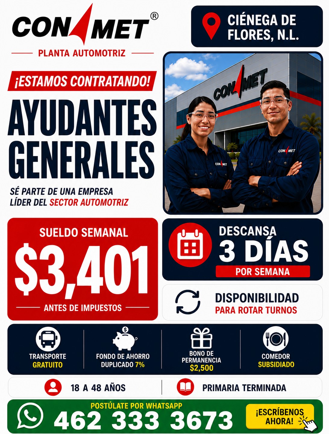 Banner del anuncio de la vacante: CON · MET · PLANTA AUTOMOTRIZ · ¡ESTAMOS CONTRATANDO! · AYUDANTES · GENERALES · SÉ PARTE DE UNA EMPRESA · LÍDER DEL SECTOR AUTOMOTRIZ · CIÉN