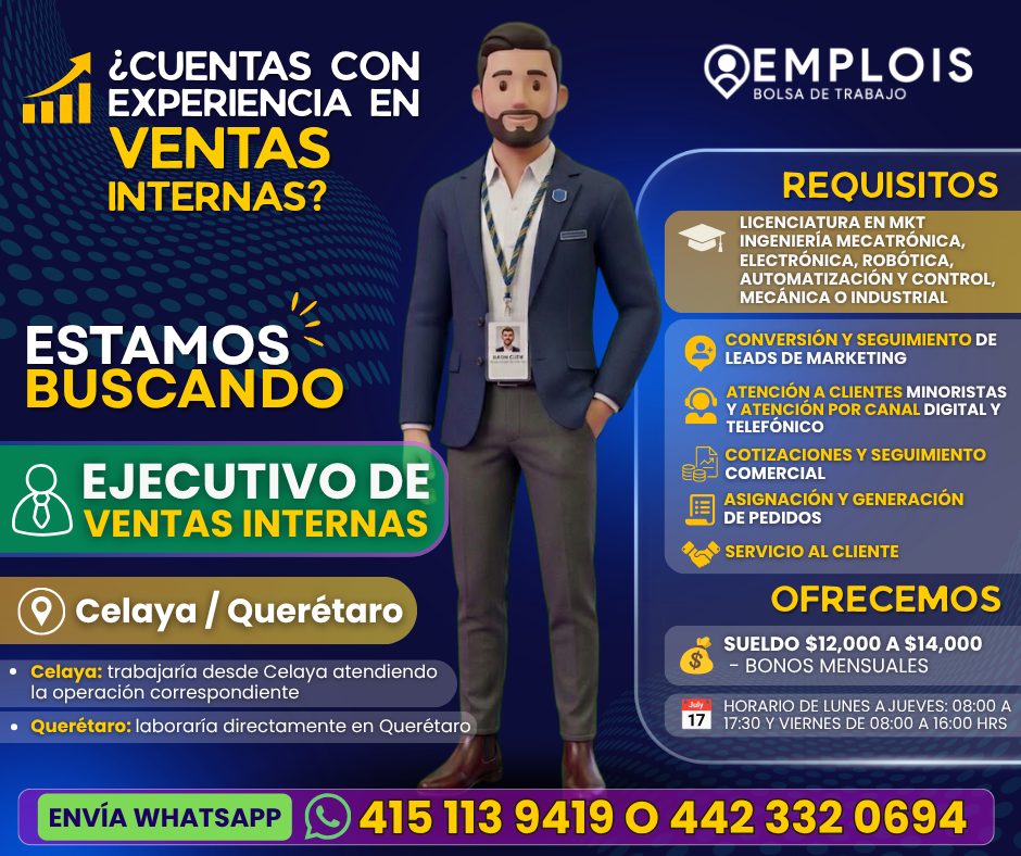 Banner del anuncio de la vacante: ¿CUENTAS CON · EXPERIENCIA EN · VENTAS · INTERNAS? · EMPLOIS · BOLSA DE TRABAJO · ESTAMOS · BUSCANDO · EJECUTIVO DE · VENTAS INTERNAS · Cela