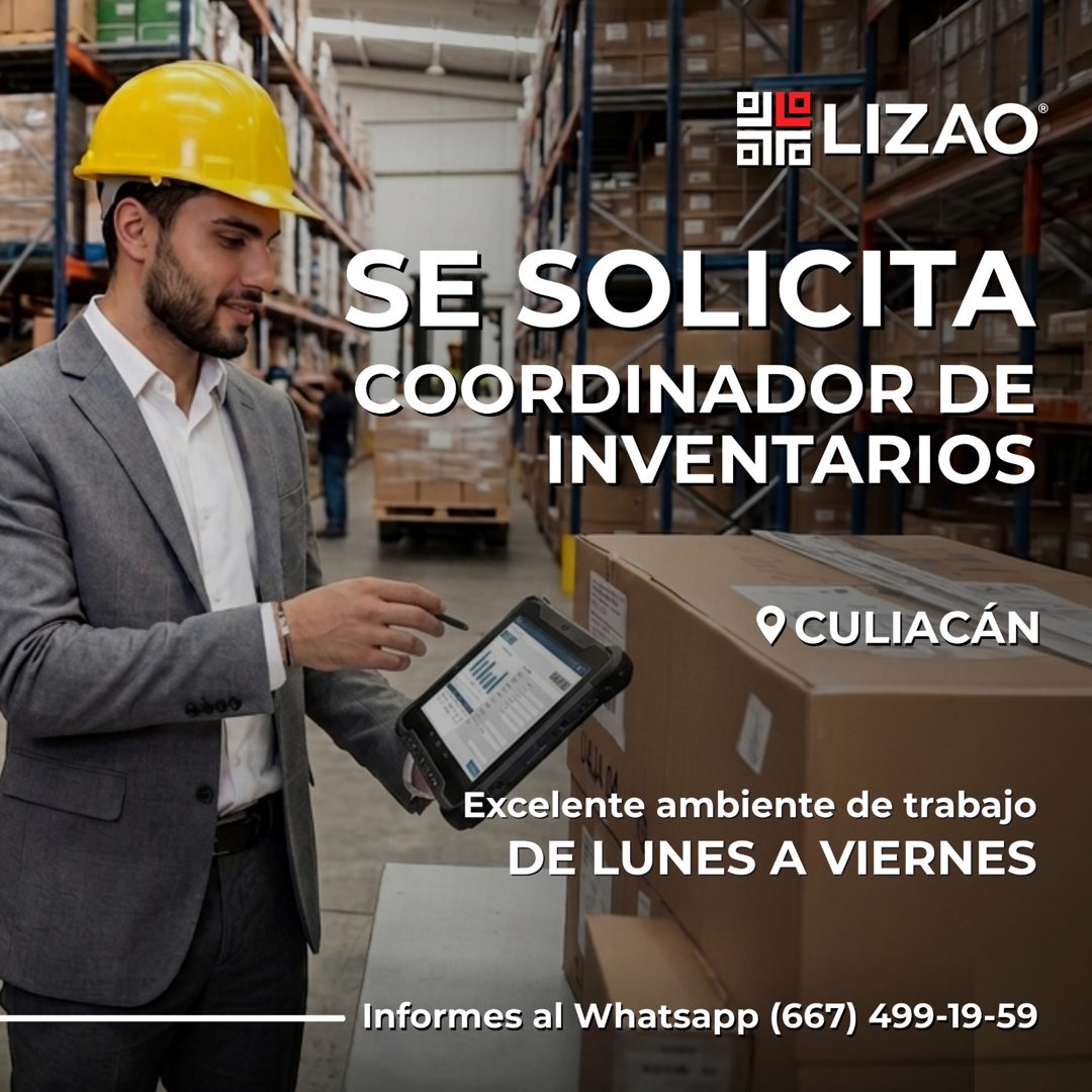 Banner del anuncio de la vacante: - LIZAO* · SE SOLICITA · COORDINADOR DE · INVENTARIOS · 9 CULIACÁN · Excelente ambiente de trabajo · DE LUNES A VIERNES · Informes al Whatsa