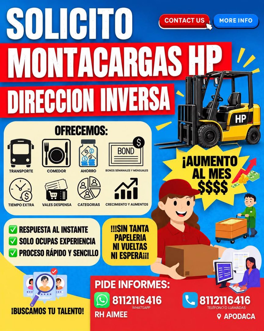 Banner del anuncio de la vacante: SOLICITO · CONTACT US · MONTACARGAS HP · DIRECCION INVERSA · OFRECEMOS: · MORE INFO · HP · S · TRANSPORTE · COMEDOR · AHORRO · BOND · BONOS 