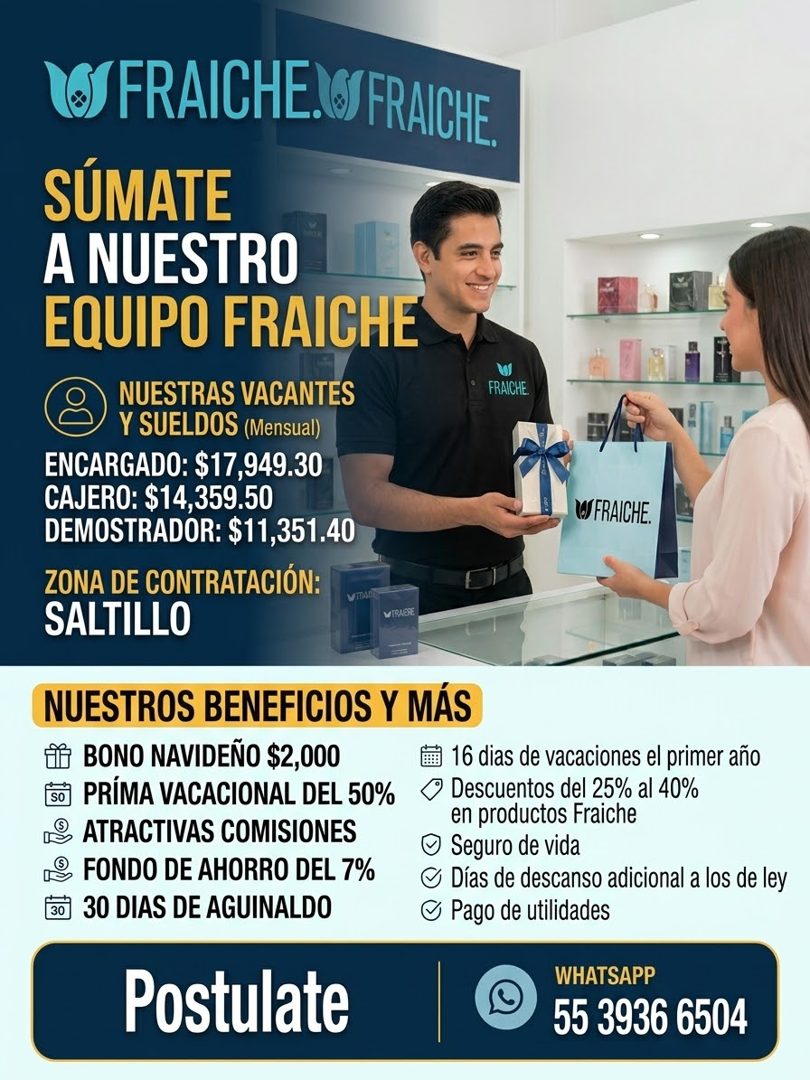 Banner del anuncio de la vacante: FRAICHE. S/ FRAICHE. · SÚMATE · A NUESTRO · EQUIPO FRAICHE · NUESTRAS VACANTES · Y SUELDOS (Mensual) · ENCARGADO: $17,949.30 · CAJERO: $14,3