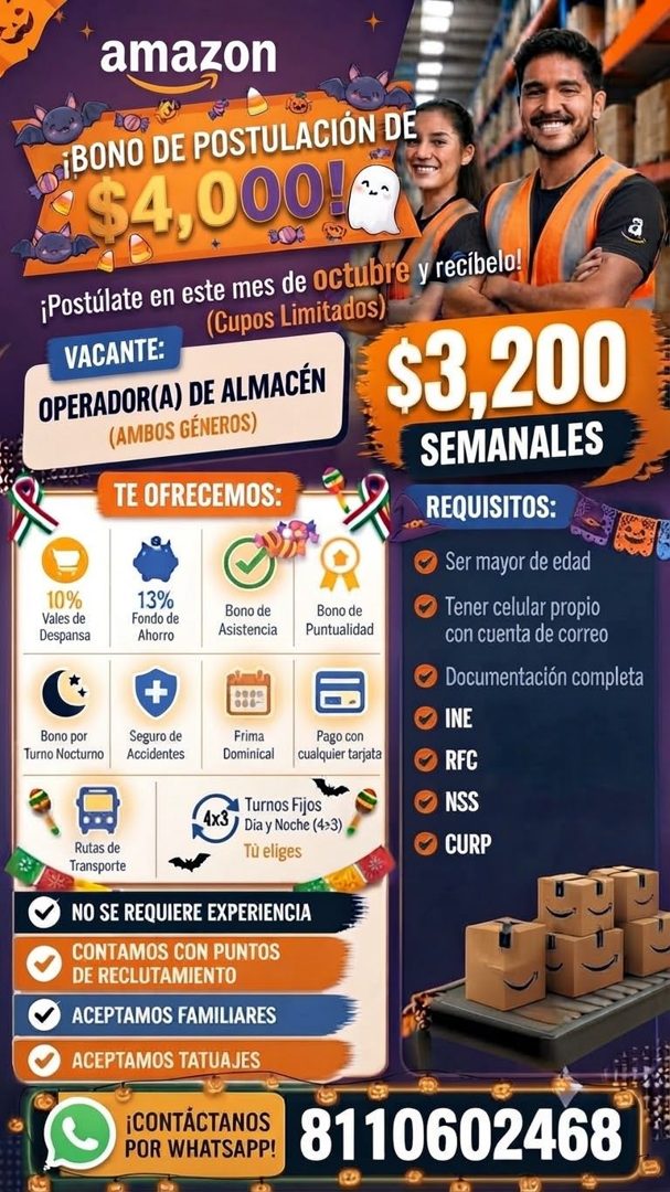 Banner del anuncio de la vacante: amazon · ¡BONO DE POSTULACIÓN DE · $4,000g · ¡Postúlate en este mes de octubre y recíbelo! · (Cupos Limitados) · VACANTE: · OPERADOR(A) DE A