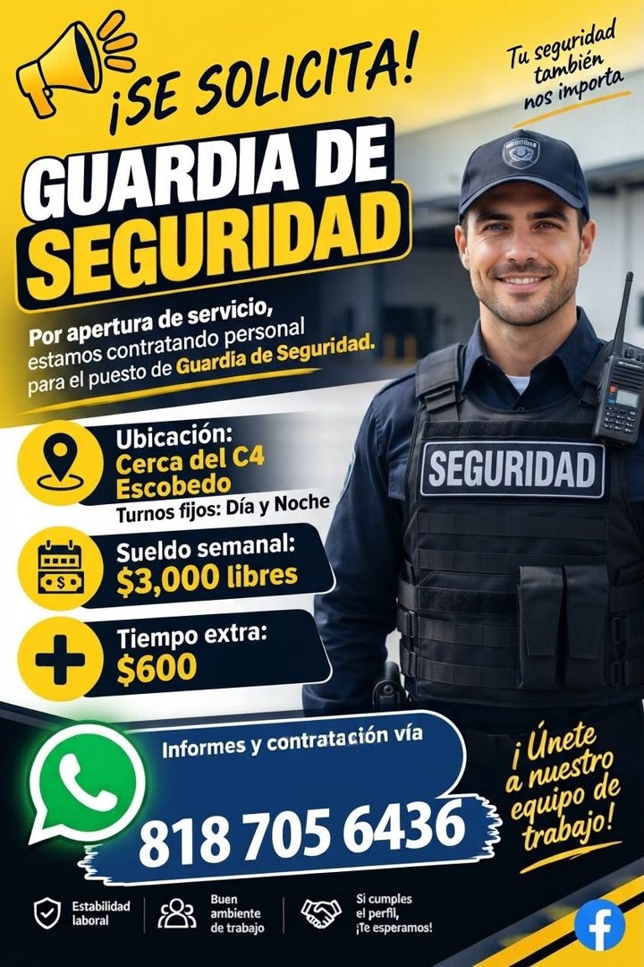 Banner del anuncio de la vacante: ¡SE SOLICITA! · GUARDIA DE · SEGURIDAD · Por apertura de servicio, · estamos contratando personal · para el puesto de Guardia de Seguridad. 