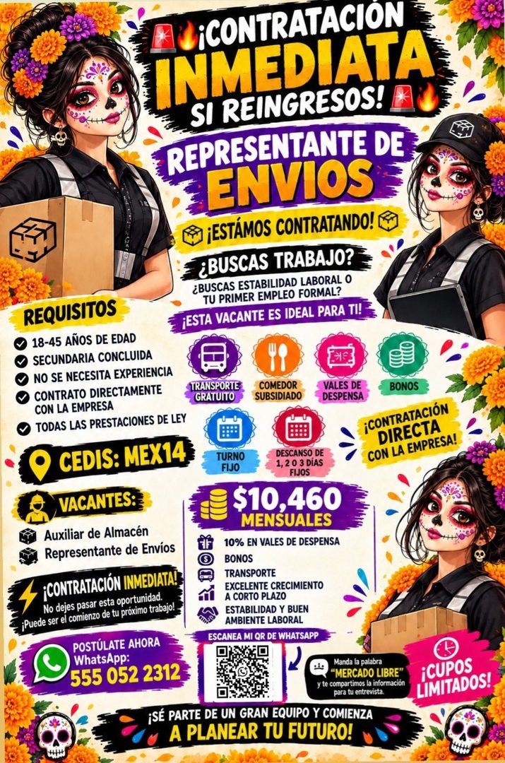 Banner del anuncio de la vacante: ¡CONTRATACION · INMEDIATA · SI REINGRESOS! A · REPRESENTANTE DE · ENVIOS · ® ¡ESTÁMOS CONTRATANDO! · ¿BUSCAS TRABAJO? · ¿BUSCAS ESTABILIDAD 