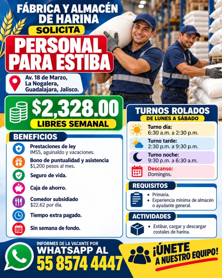 Banner del anuncio de la vacante: FÁBRICA Y ALMACÉN · DE HARINA · SOLICITA · PERSONAL · PARA ESTIBA · Av. 18 de Marzo, · La Nogalera, · Guadalajara, Jalisco. · $2,328.00 · LI