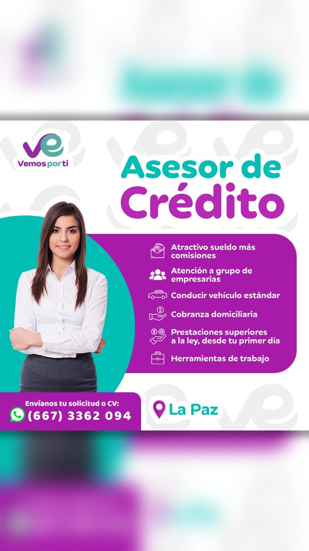 Banner del anuncio de la vacante: ve · Vemos porti · Asesor de · Crédito · Atractivo sueldo más · comisiones · Atención a grupo de · empresarias · Conducir vehículo estándar 