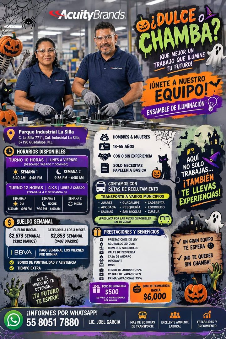 Banner del anuncio de la vacante: AcuityBrands · ¿DULCE o · CHAMBA? · ¡QUE MEJOR UN · TRABAJO QUE ILUMINE · TU FUTURO! · ¡ÚNETE A NUESTRO · EQUIPO! · ENSAMBLE DE ILUMINACIÓN 