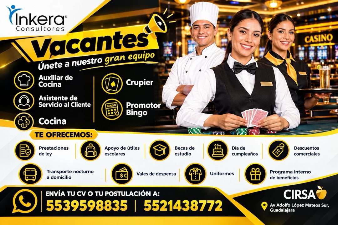 Banner del anuncio de la vacante: Inkera® · Consultores · (Vacantes"® · Únete a nuestro gran equipo · Auxiliar de · Cocina · Crupier · Asistente de · Servicio al Cliente · BI