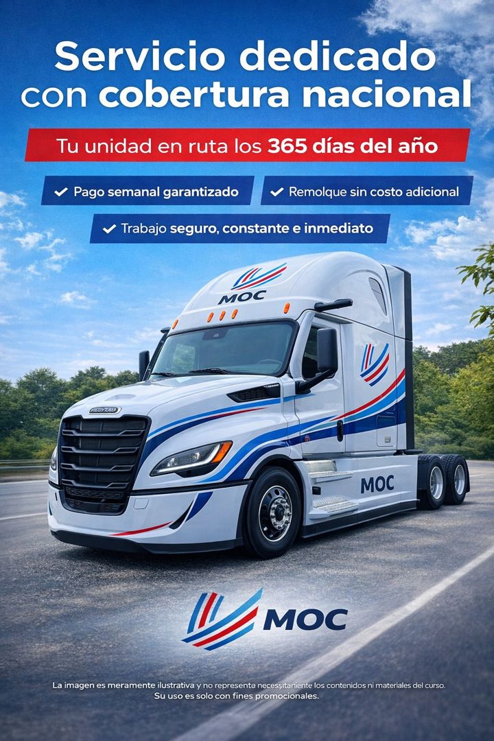Banner del anuncio de la vacante: Servicio dedicado · con cobertura nacional · Tu unidad en ruta los 365 días del año · v Pago semanal garantizado · v Remolque sin costo adic