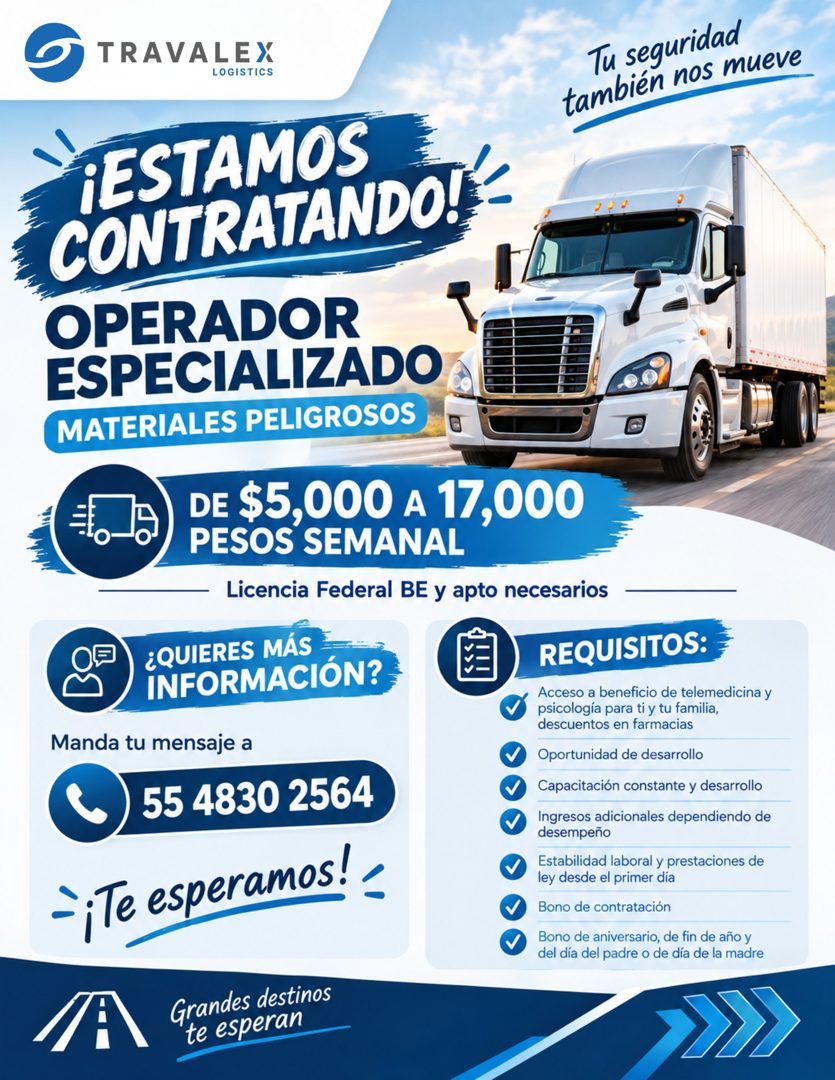 Banner del anuncio de la vacante: TRAVALEX · LOGISTICS · Tu seguridad · también nos mueve · ¡ESTAMOS · CONTRATANDO!!- · OPERADOR · ESPECIALIZADO · MATERIALES PELIGROSOS · DE 