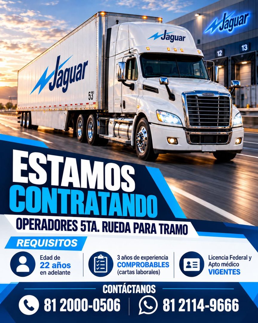 Banner del anuncio de la vacante: 1Jaguar · Jaguar · 13 · 12 · Jaguar · ROSANTO · ESTAMOS · CONTRATANDO · OPERADORES 5TA. RUEDA PARA TRAMO · REQUISITOS · Edad de · 22 años · 