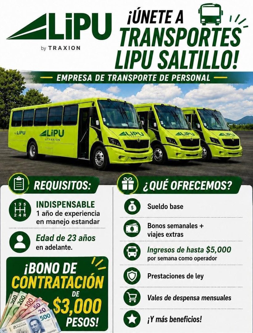Banner del anuncio de la vacante: LiPU · ¡ÚNETE A · by TRAXION · TRANSPORTES · LIPU SALTILLO! · — EMPRESA DE TRANSPORTE DE PERSONAL - · y LIPU · LiPU · by TRAXION · LIPU · RE