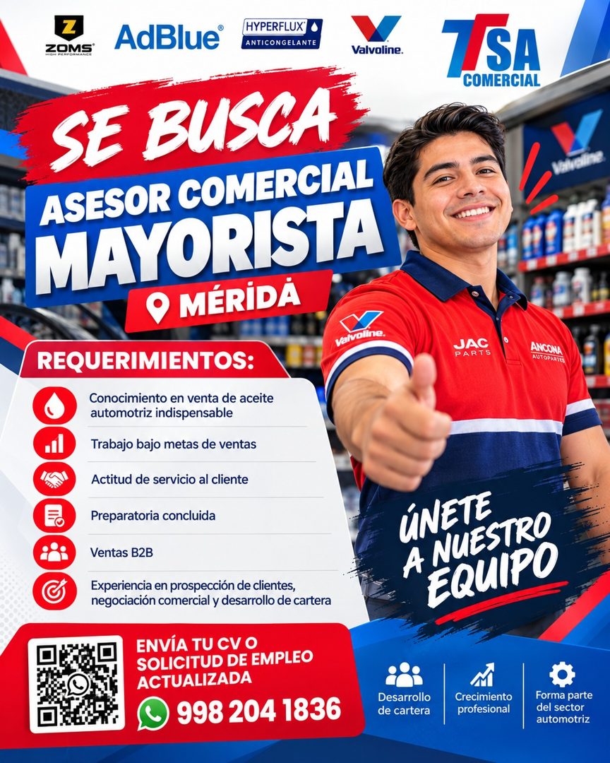 Banner del anuncio de la vacante: Z · ZOMS® · MIGH PERPORMANCR · AdBlue® · HYPERFLUX® · ANTICONGELANTE · Valvoline. · TSA · COMERCIAL · SE BUSCA · ASESOR COMERCIAL · MAYORIST