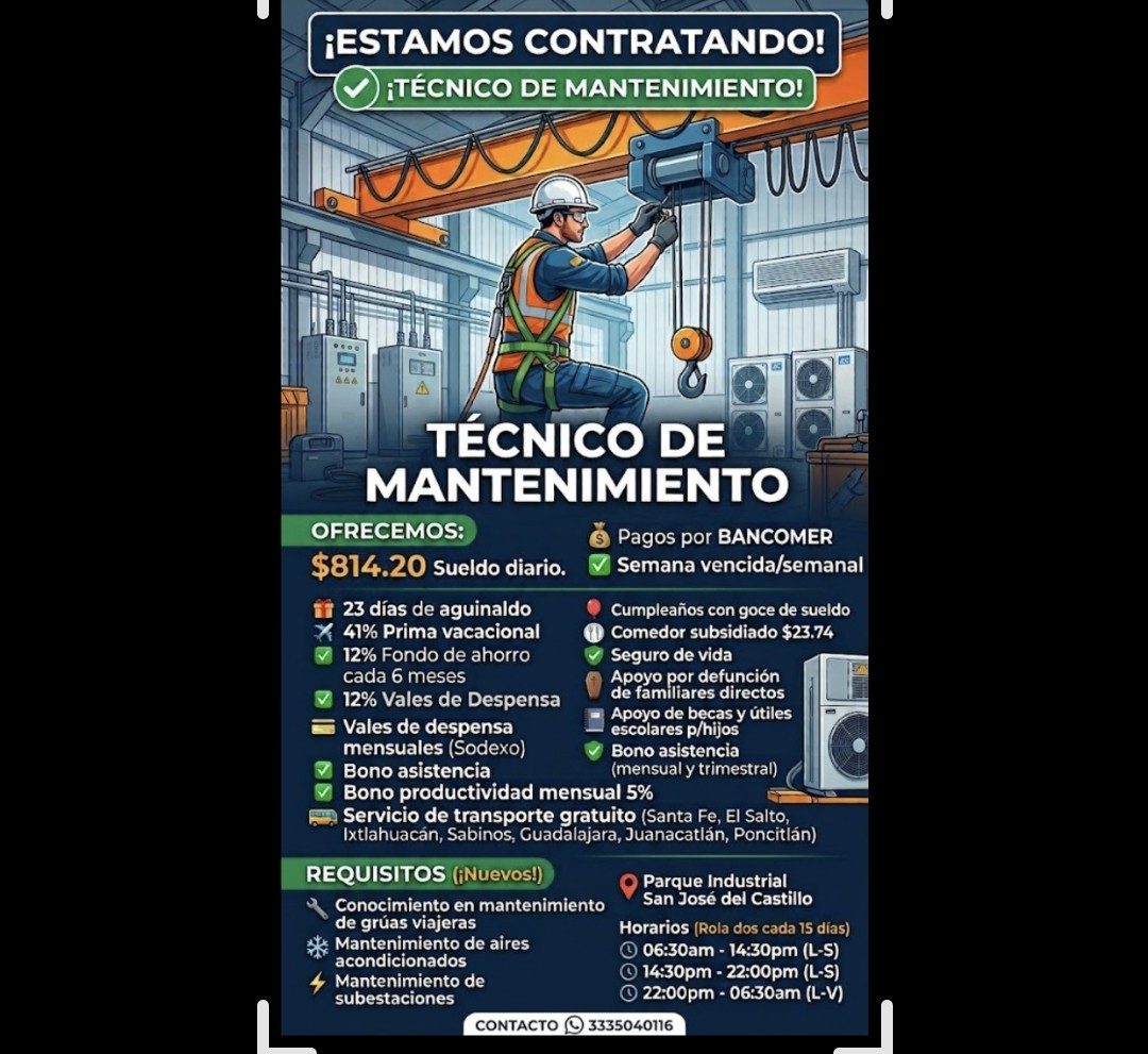 Banner del anuncio de la vacante: ¡ESTAMOS CONTRATANDO! · ¡TÉCNICO DE MANTENIMIENTO! · 864 · TÉCNICO DE · MANTENIMIENTO · OFRECEMOS: · $814.20 Sueldo diario. · Pagos por BANC