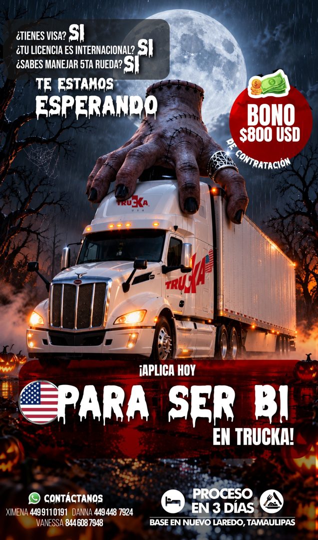 Banner del anuncio de la vacante: ¿TIENES VISA? S. · ¿TU LICENCIA ES INTERNACIONAL? S3, · ¿SABES MANEJAR 5TA RUEDA? SI. · TE ESTAMOS · ESPERANDO · BONO · $800 USD · CONTRATAC