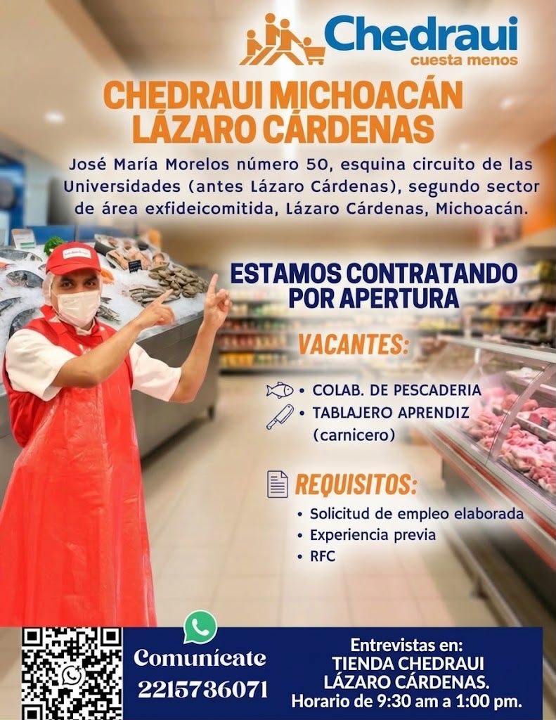 Banner del anuncio de la vacante: Chedraui · cuesta menos · CHEDRAUI MICHOACÁN · LÁZARO CÁRDENAS · José María Morelos número 50, esquina circuito de las · Universidades (ante