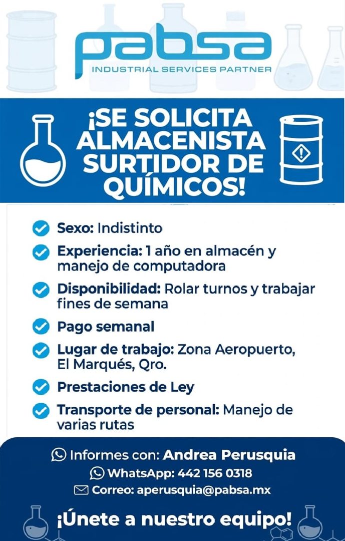 Banner del anuncio de la vacante: Pabse · NDUSTRIAL SERVICES PARTNER · ¡SE SOLICITA · ALMACENISTA · SURTIDOR DE · QUIMICOS! · • Sexo: Indistinto · • Experiencia: 1 año en alm