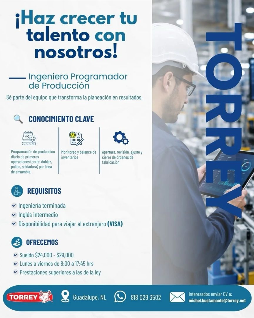 Banner del anuncio de la vacante: ¡Haz crecer tu · talento con · nosotros! · — Ingeniero Programador · de Producción · Sé parte del equipo que transforma la planeación en res
