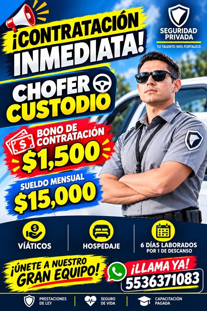 Banner del anuncio de la vacante: ¡CONTRATACIÓN · INMEDIATA! · CHOFER ® · CUSTODIO · BONO DE · S. CONTRATACIÓN · -$1,500 · SUELDO MENSUAL · $15,000 · SEGURIDAD · PRIVADA · TU